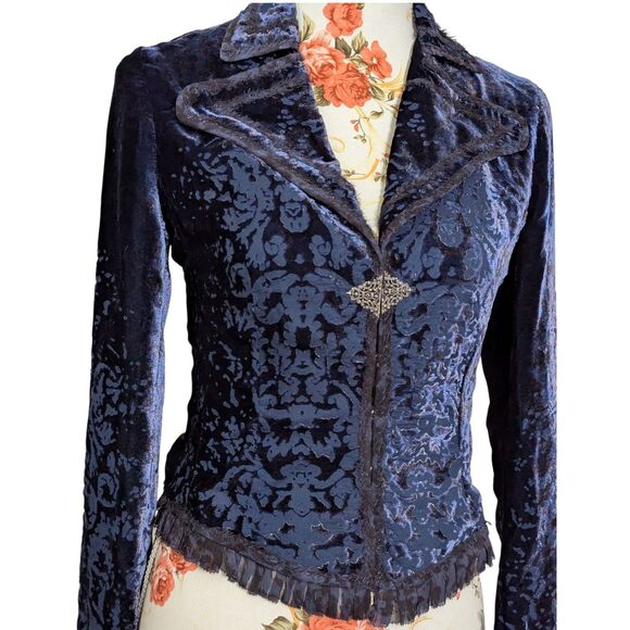 Elie Tahari Size XS Dusk Blue Burnout Silk Jacket Whimsigoth Witch Vampire Goth - Picture 3 of 15